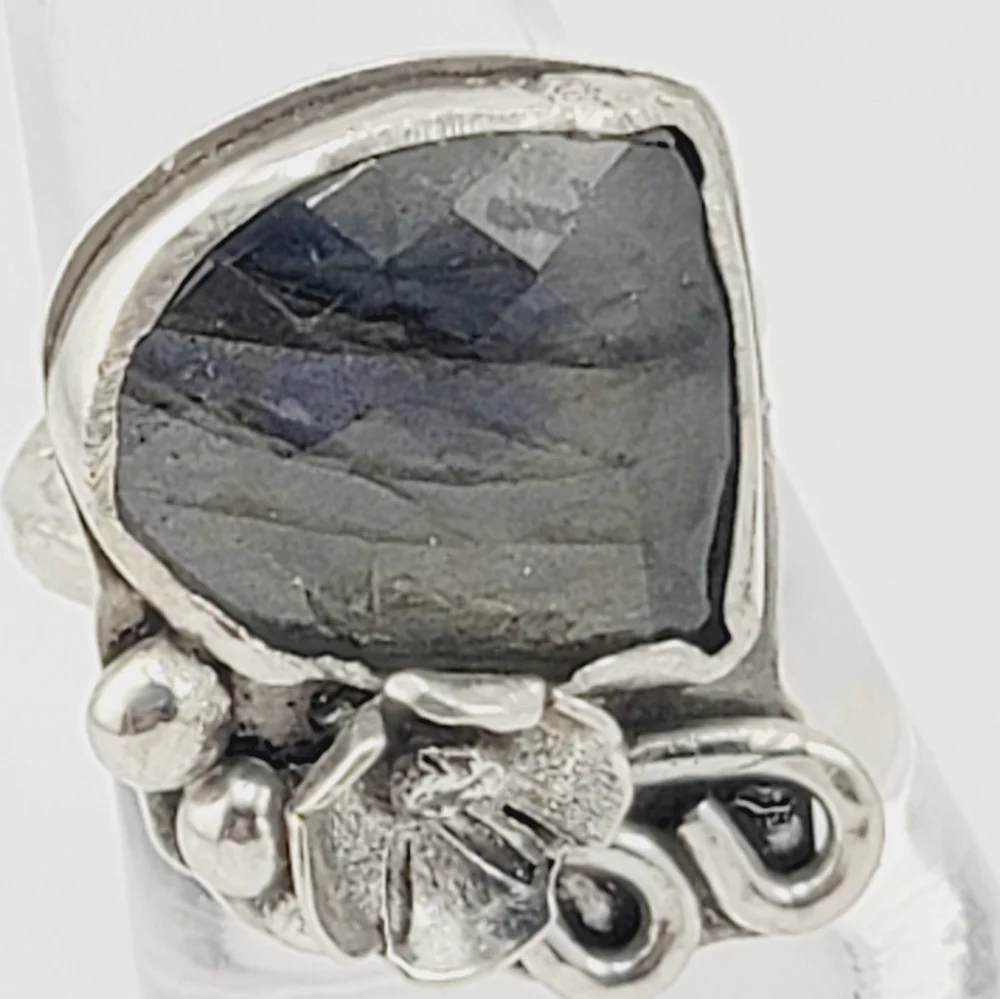 LABRADORITE FLORAL RING HANDMADE IN STERLING SILVER METAL SIZE 8.5